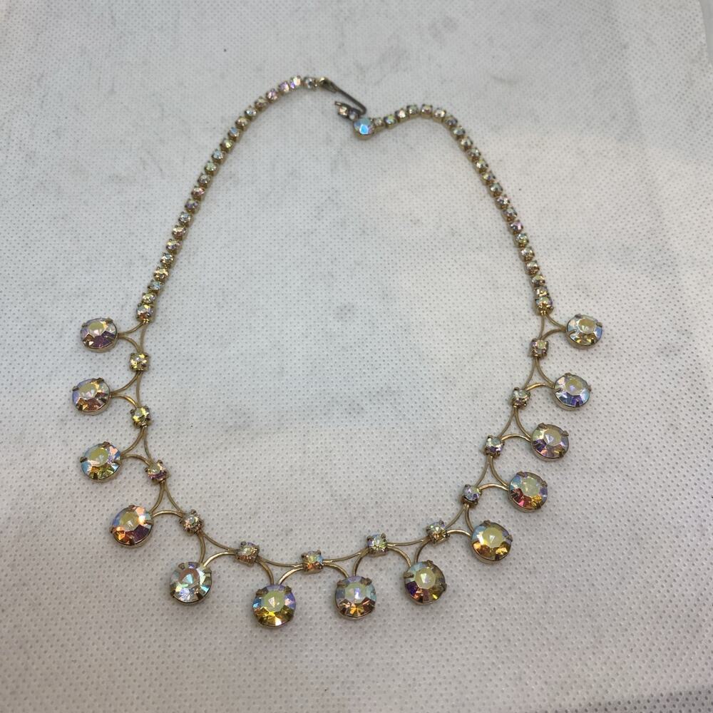 Necklace Aurora Borealis Rhinestone 1960 Vtg Iridescent Gold Tone Mid Century